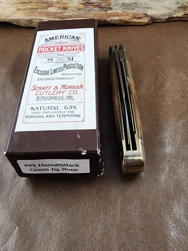 Schatt & Morgan USA Exclusive Limited Production 1 of 73. #99 Harness Jack Green Jig Bone. knives for sale