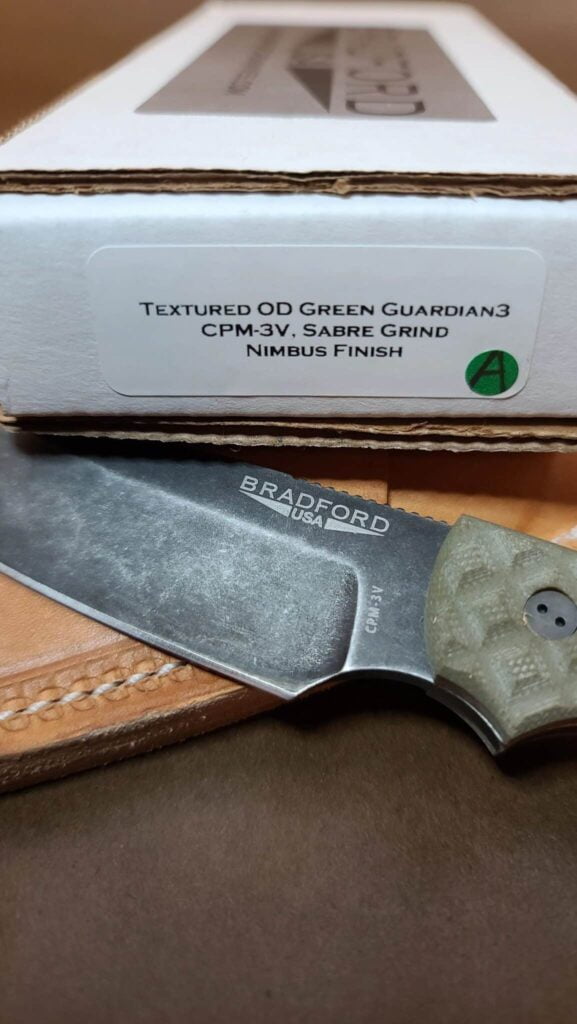 Bradford Gardian 3 CPM-3V OD Green Sabre Grind, Nimbus Finish knives for sale