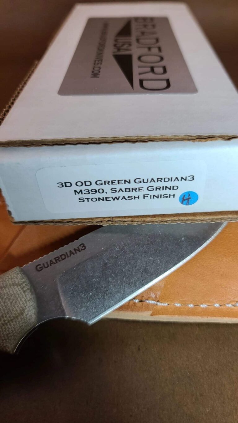 Bradford Gardian 3, 3D OD Green Micarta ,M390, Sabre Grind, Stonewash Finish knives for sale