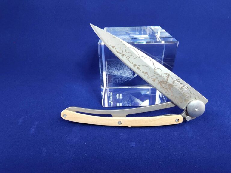 Deejo Tatoo: Ocean matte finish blade with Open Sea tattoo and Juniper wood handle knives for sale