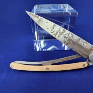 Deejo Tatoo: Earth matte finish blade with climbing tattoo and Juniper wood handle knives for sale