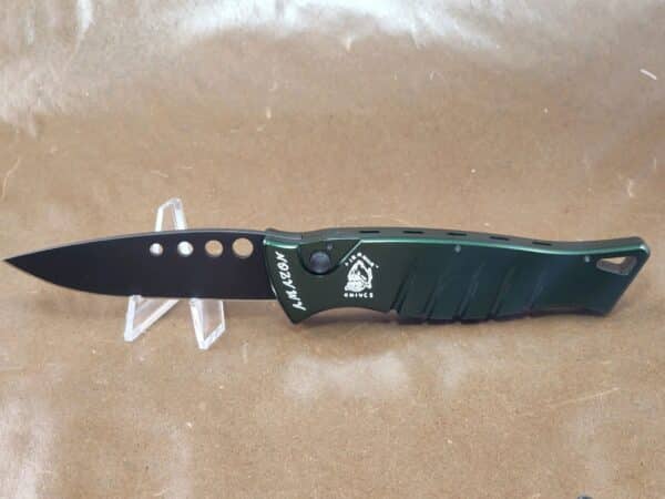 Piranha Amazon "Green" Plain 154CM Tactical Black Blade knives for sale