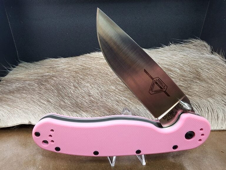 Ontario 8865 Rat 1 Pink Nylon Handle AUS-8 Plain Edge Linerlock Folding Knife knives for sale