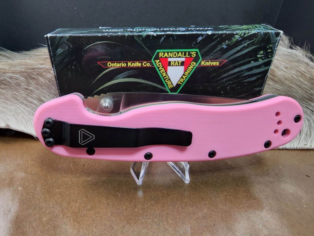 Ontario 8865 Rat 1 Pink Nylon Handle AUS-8 Plain Edge Linerlock Folding Knife knives for sale
