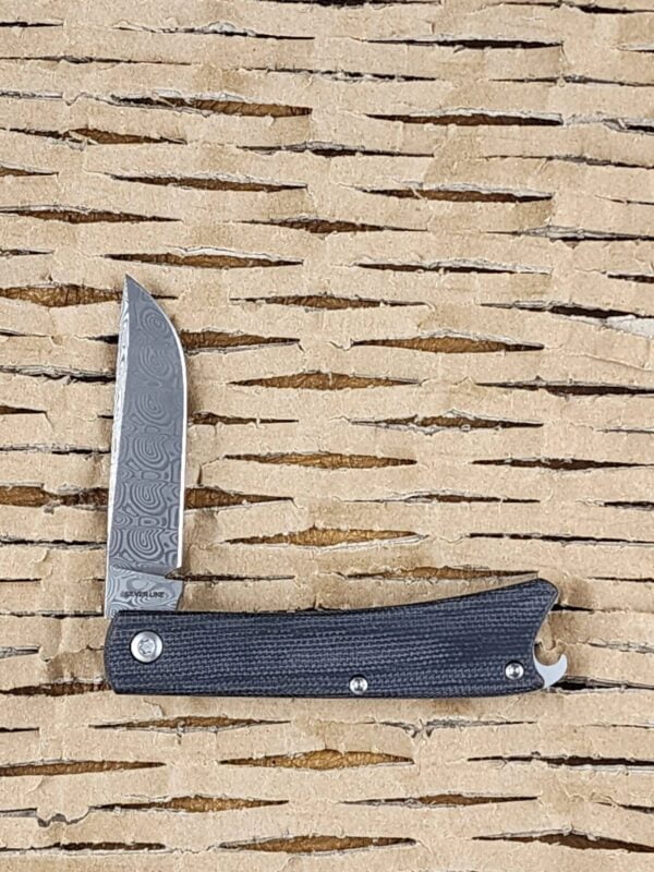 Esnyx Beer Buster Jr. Slip Joint with Black Micarta Inlay in Damascus knives for sale