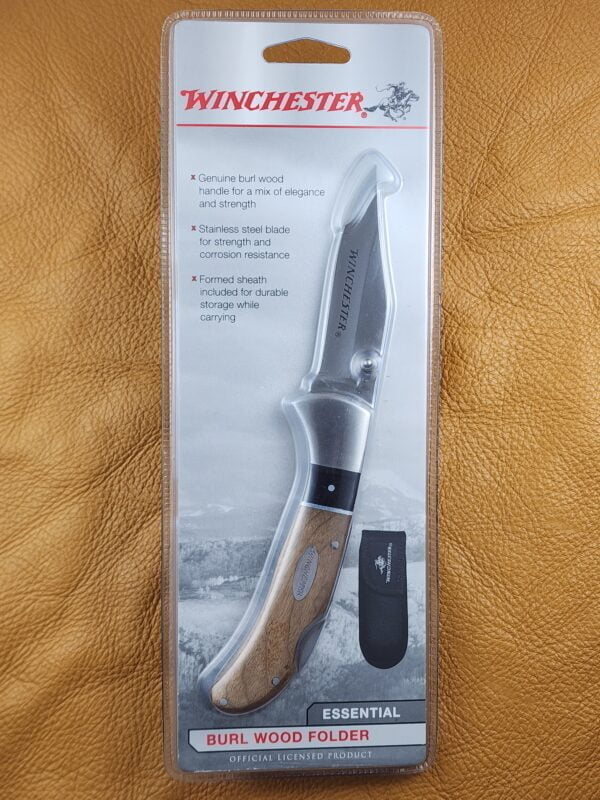 Winchester Genuine Burl SS Lockback folder with Sheath knives for sale