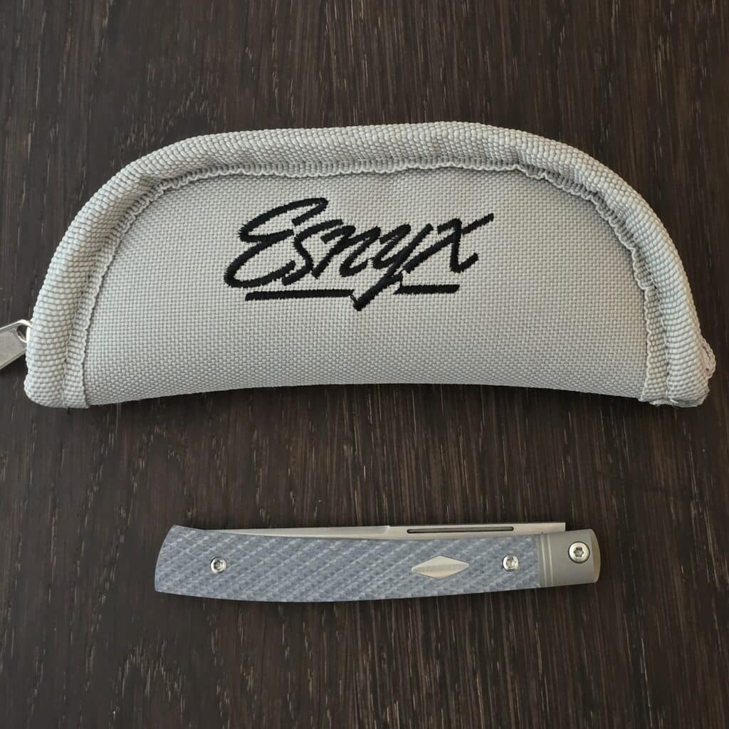 Esnyx Barracuda Slip Joint with M390 Hand Rubbed Satin Finish Blade Handle: Bead Blast Titanium Liners with Integral Bolsters, Steel Blue G10 Textured Handle with Satin Diamond Inlay knife for sale