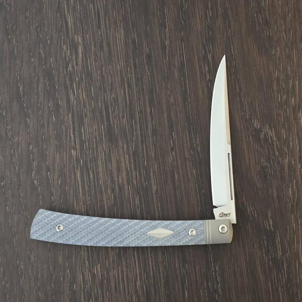 Esnyx Barracuda Slip Joint with M390 Hand Rubbed Satin Finish Blade Handle: Bead Blast Titanium Liners with Integral Bolsters, Steel Blue G10 Textured Handle with Satin Diamond Inlay knife for sale