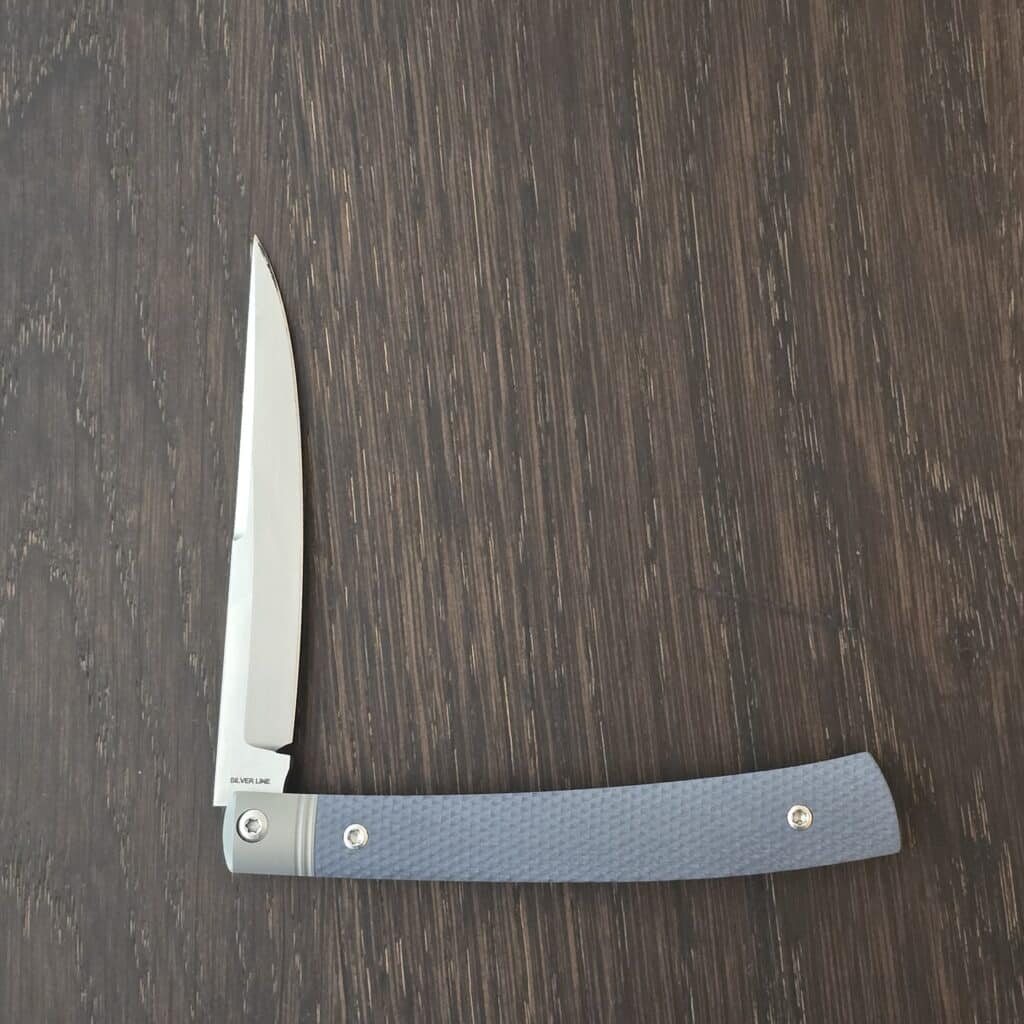 Esnyx Barracuda Slip Joint with M390 Hand Rubbed Satin Finish Blade Handle: Bead Blast Titanium Liners with Integral Bolsters, Steel Blue G10 Textured Handle with Satin Diamond Inlay knife for sale