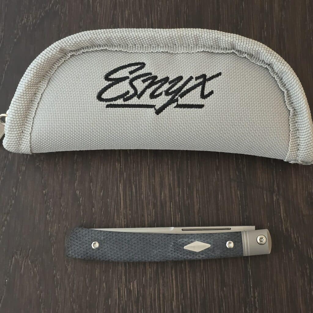 Esnyx Barracuda Slip Joint with M390 Hand Rubbed Satin Finish Blade Handle: Bead Blast Titanium Liners with Integral Bolsters, Black G10 Textured Handle with Satin Diamond Inlay knife for sale