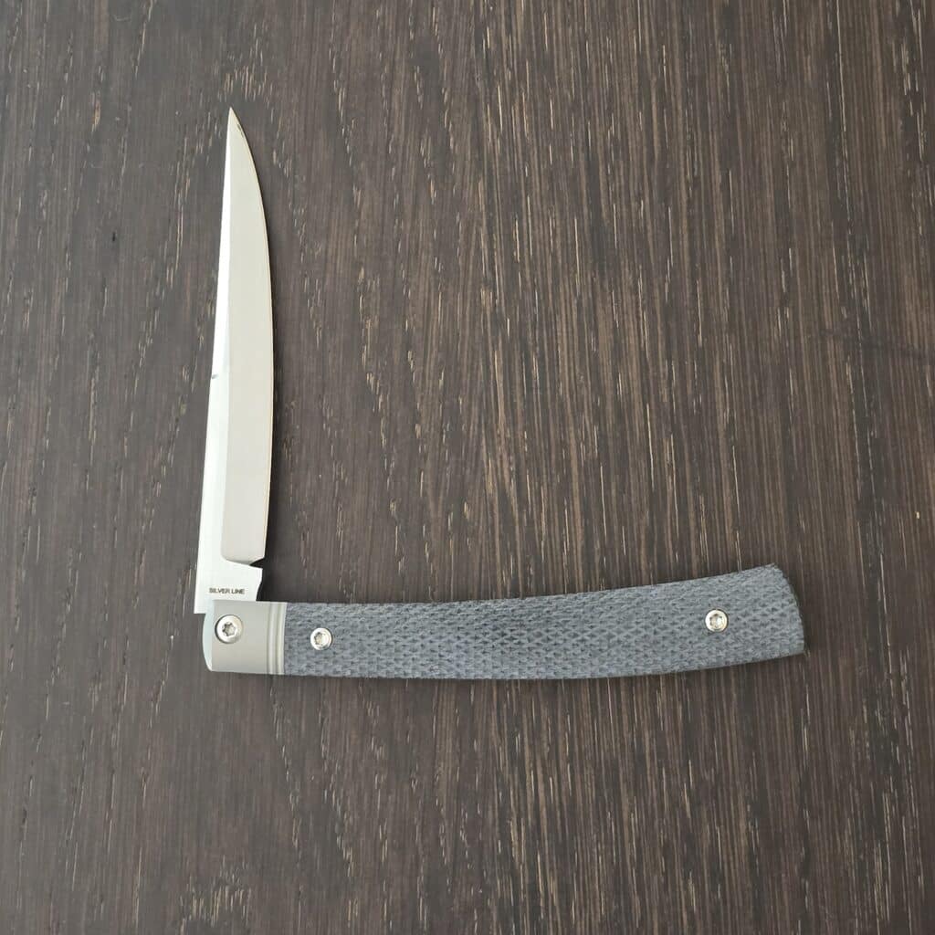 Esnyx Barracuda Slip Joint with M390 Hand Rubbed Satin Finish Blade Handle: Bead Blast Titanium Liners with Integral Bolsters, Black G10 Textured Handle with Satin Diamond Inlay knife for sale