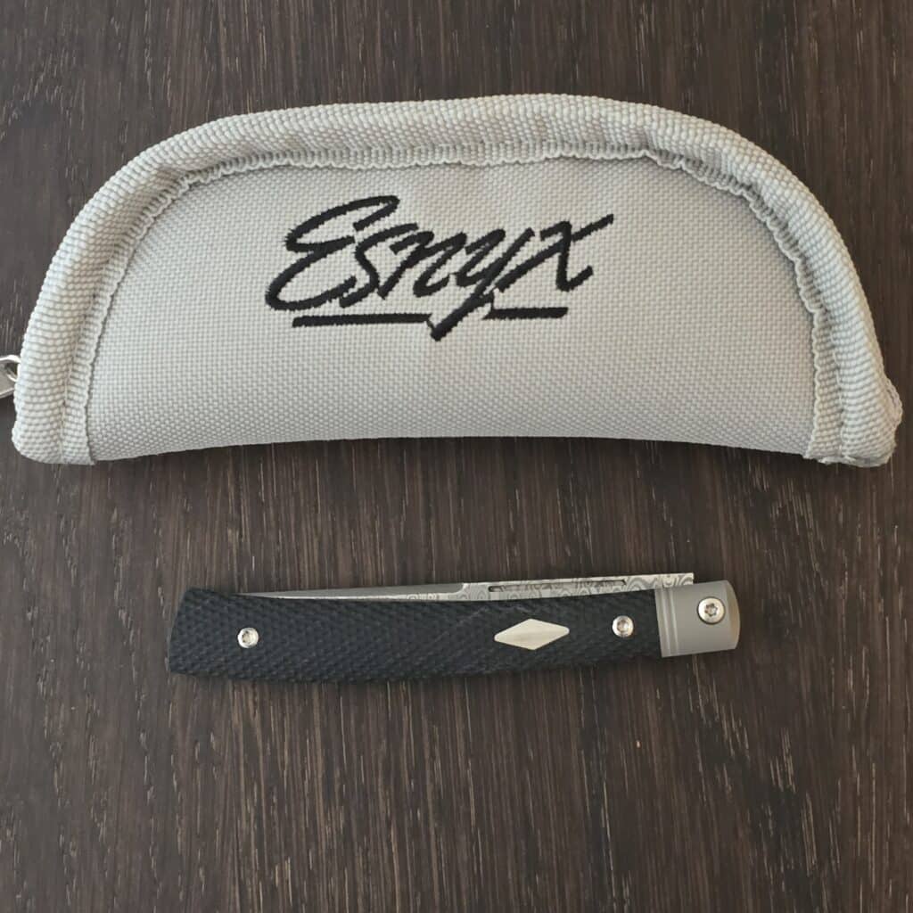 Esnyx Barracuda Slip Joint with Damasteel Etched Finish Blade Handle: Bead Blast Titanium Liners with Integral Bolsters, Black G10 Textured Handle with Satin Diamond Inlay knife for sale