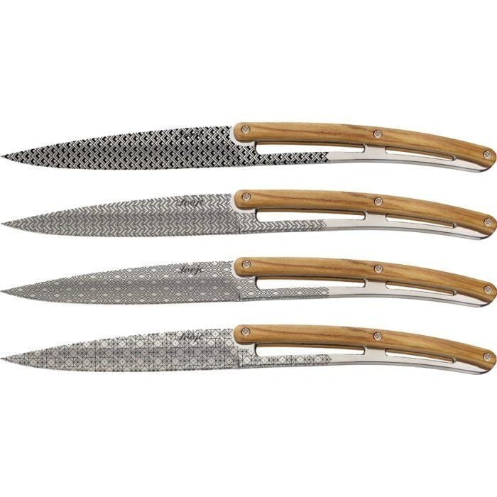 Deejo Steak Knife set with Geometry pattern and Olive Wood knives for sale