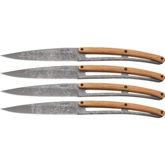 Deejo Steak Knife set with Olive wood handle and Blossom tattoo artwork. knives for sale