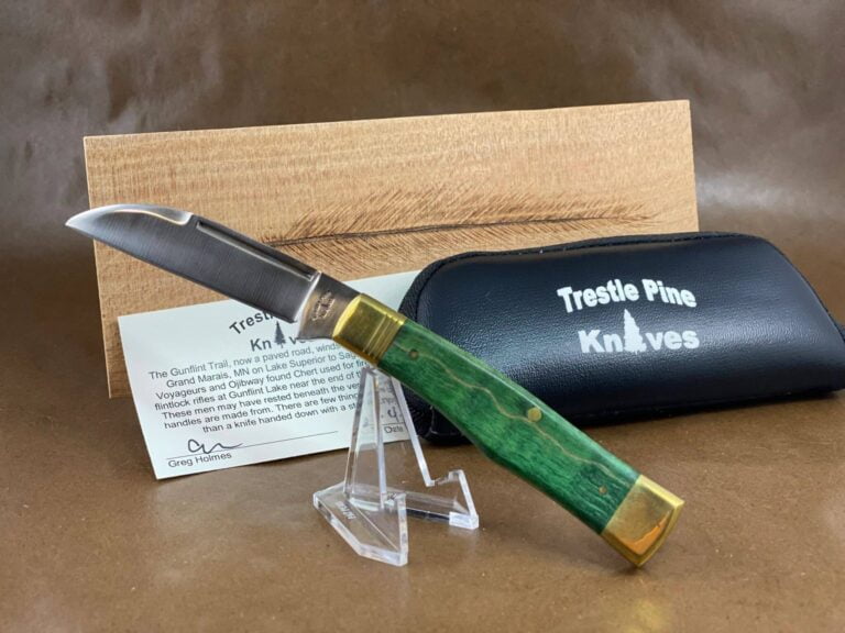 Trestle Pine Knives Gunflint ~ Curly Green Maple Handle knives for sale