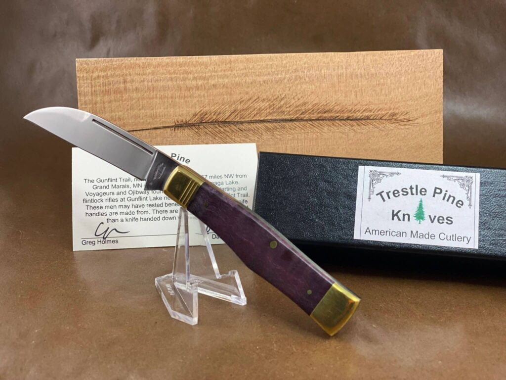 Trestle Pine Knives Gunflint ~ Curly Purple Maple Handle knives for sale
