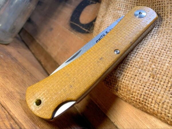 Smith & Son's Mudbug in Natural Burlap Micarta and D2 Steel knives for sale
