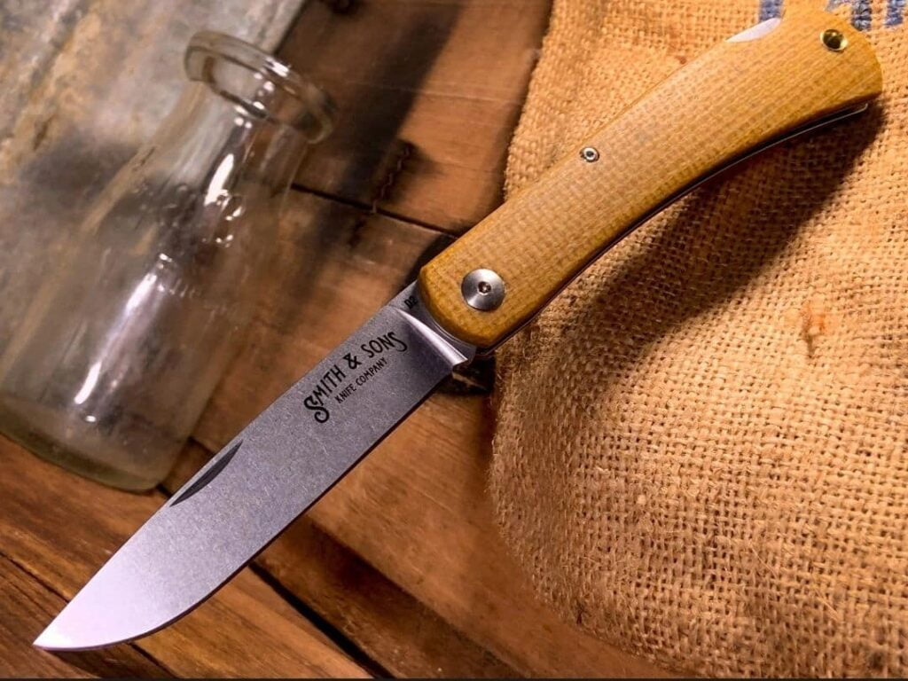 Smith & Son's Mudbug in Natural Burlap Micarta and D2 Steel knives for sale