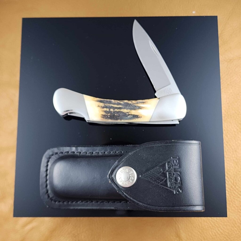 Buck 500 Lockback Folder with Sheath in Beautiful Stag knives for sale