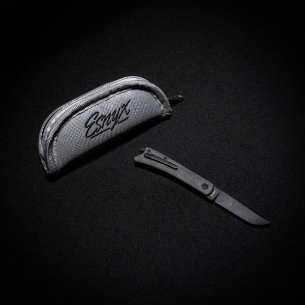 Esnyx BEER BUSTER JR. FRONT FLIPPER M390 Black PVD Finish Blade, Black Micarta Handle with Blasted Titanium Bottle Inlay