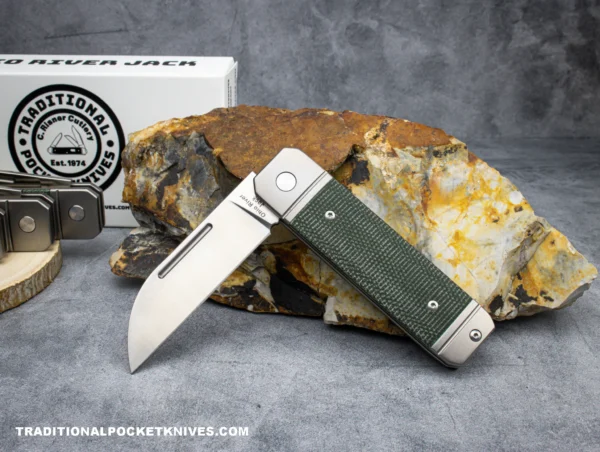 C Risner Ohio River Jack Single Wharncliffe Green Canvas Micarta