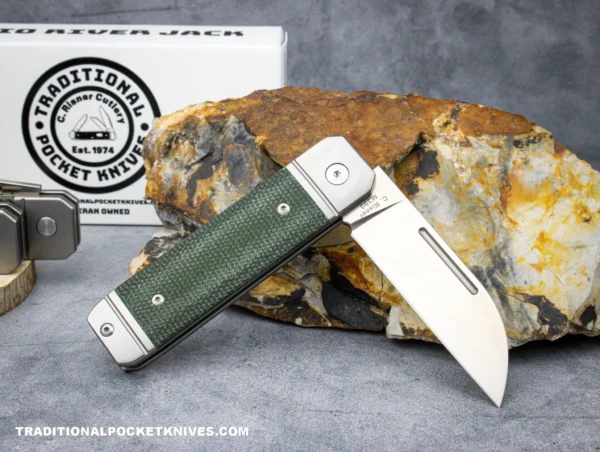 C Risner Ohio River Jack Single Wharncliffe Green Canvas Micarta