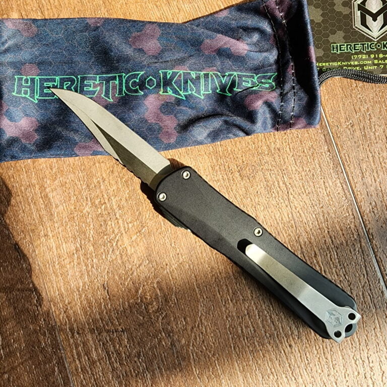 Heretic Knives Manticore E Bowie Black Handle Battleworn Blade H026B-5A knives for sale