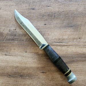 Ka-Bar Style blade (unmarked) Vintage Clip Blade Hunting Knife in Stacked Leather