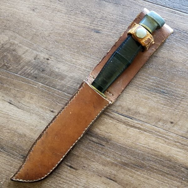 Ka-Bar Style blade (unmarked) Vintage Clip Blade Hunting Knife in Stacked Leather