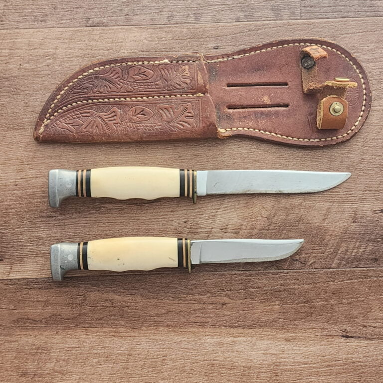 Ka-Bar Knives USA Vintage 2 Knife Set with Leather Sheath knives for sale