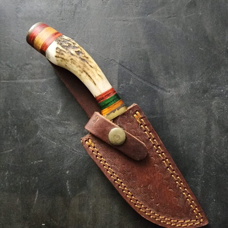 Damascus Fixed Blade Hunting Knife in Stag with Leather Sheath knives for sale