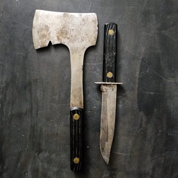 Vintage Fixed Blade Hatchet Combo with Original Leather Sheath knives for sale
