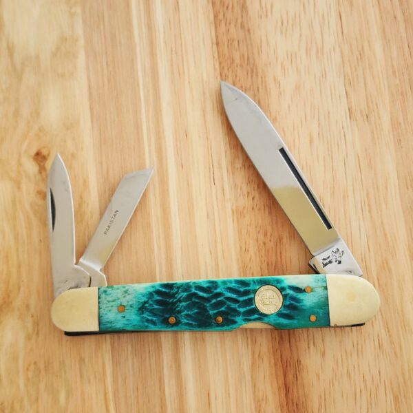 Frost Cutlery Lock Back Whittler in Green Jigged Bone and German Stainless Steel knives for sale