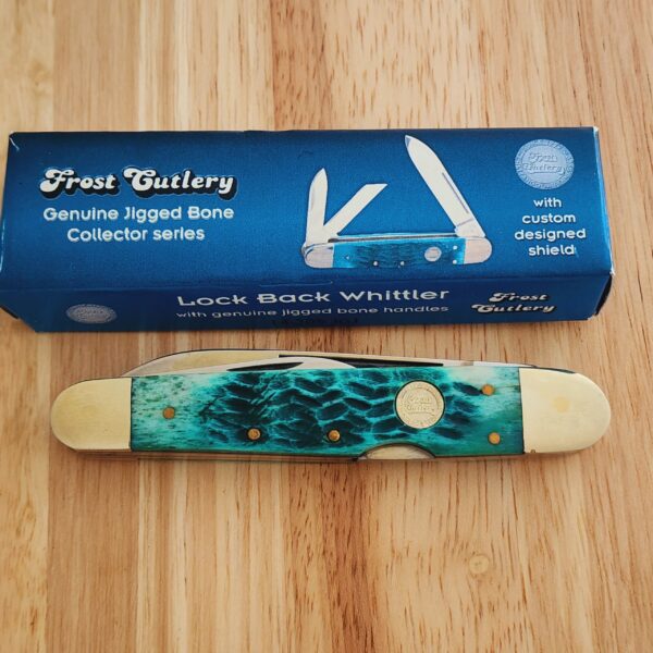 Frost Cutlery Lock Back Whittler in Green Jigged Bone and German Stainless Steel knives for sale