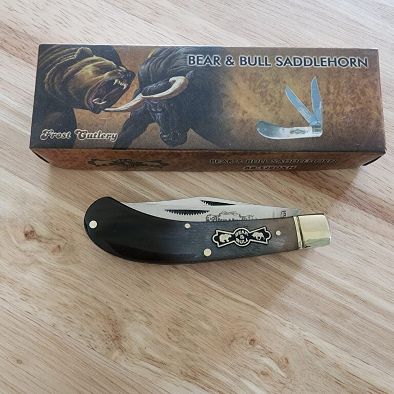 Frost Cutlery Bear and Bull Ox Horn Saddlehorn knives for sale