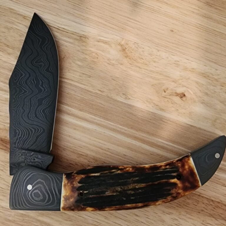 Excelsior Knife Co. Custom Grizzly Adams Burnt Stag Damascus Folder knives for sale