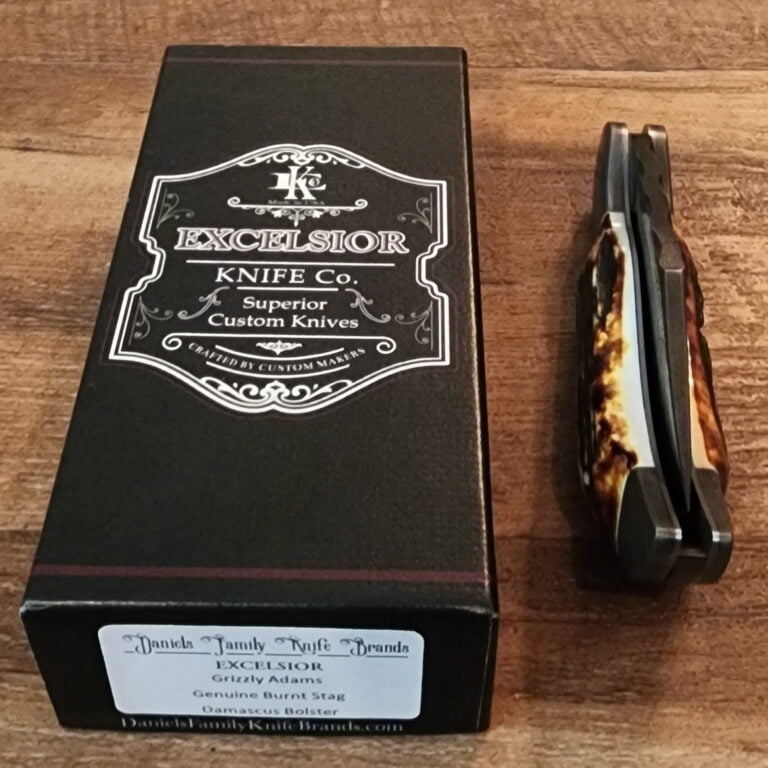 Excelsior Knife Co. Custom Grizzly Adams Burnt Stag Damascus Folder knives for sale