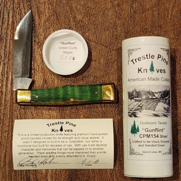 Trestle Pines Knives Gunfilnt Green Curly Maple knives for sale