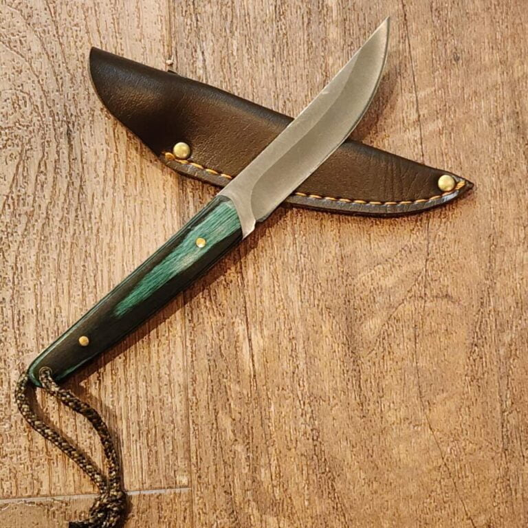 Sheath Knife in Green Wood, Leather Sheath and Lanyard knives for sale