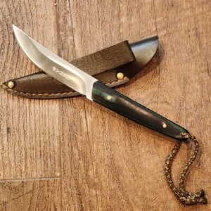 Sheath Knife in Green Wood, Leather Sheath and Lanyard knives for sale