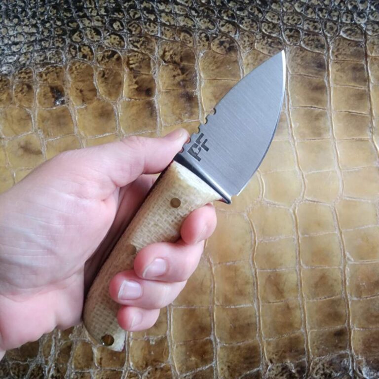 Pacheco Forge Pocket Companion (cream burlap micarta, red liners, 80crv2, kydex) knives for sale