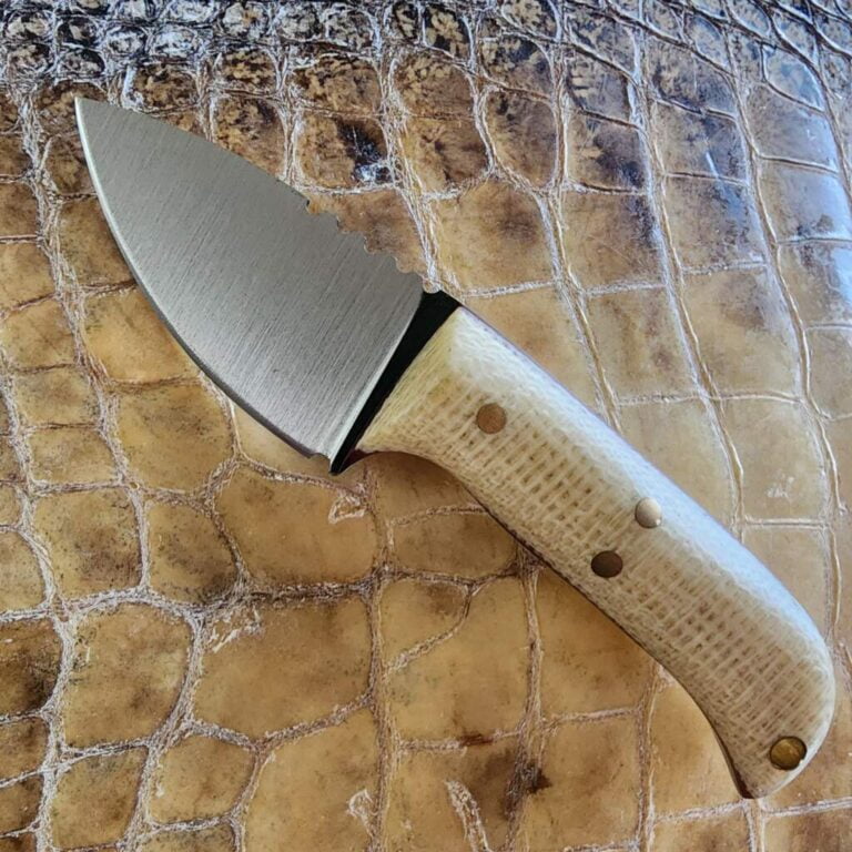 Pacheco Forge Pocket Companion (cream burlap micarta, red liners, 80crv2, kydex) knives for sale