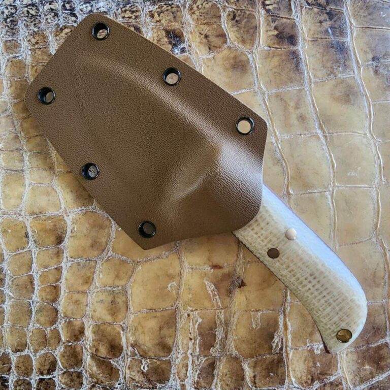 Pacheco Forge Pocket Companion (cream burlap micarta, red liners, 80crv2, kydex) knives for sale