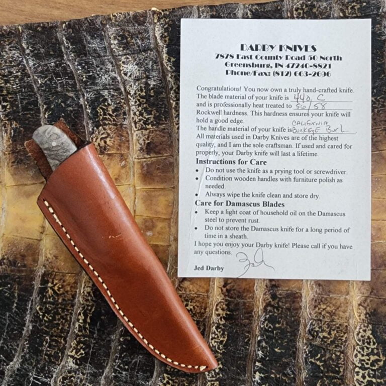 Custom Made Jed Darby Sheath Knife in California Buckeye Burl knives for sale