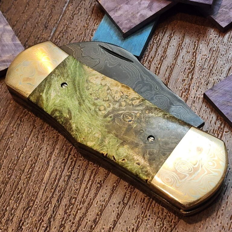 Daniels Family Knife Brands TSAK Exclusive Mola Mola Green Box Elder with Mokume Bolster knives for sale