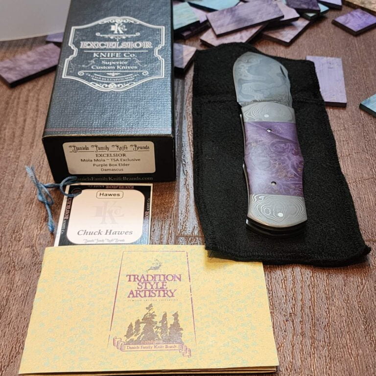 Daniels Family Knife Brands TSAK Exclusive Mola Mola in Purple Box Elder and Damascus knives for sale