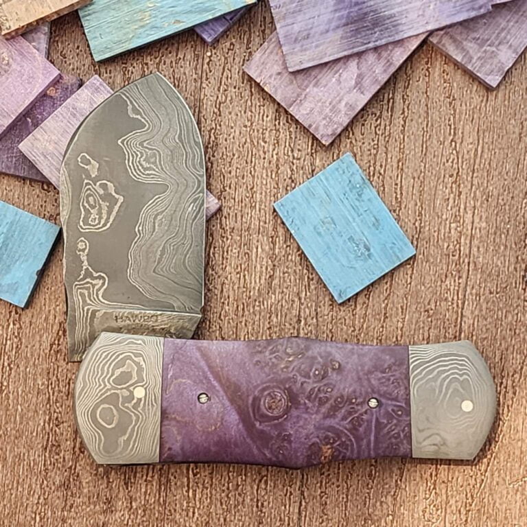 Daniels Family Knife Brands TSAK Exclusive Mola Mola in Purple Box Elder and Damascus knives for sale