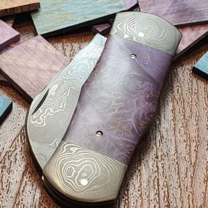Daniels Family Knife Brands TSAK Exclusive Mola Mola in Purple Box Elder and Damascus knives for sale