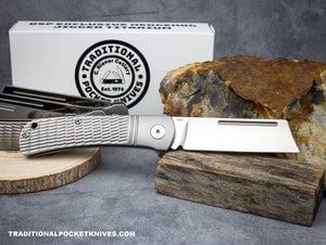 C. Risner Exclusive Hedgehog Single Blade Sheepsfoot Gray Jigged Titanium knives for sale