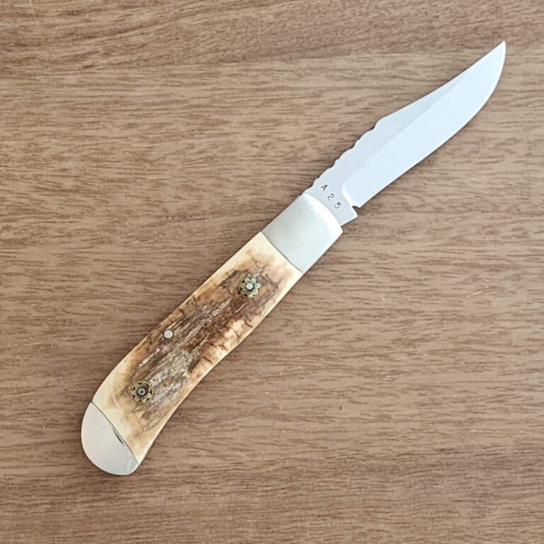 J. Watts Custom Slipjoint in Mastodon with hand crafted rivets and file work A25 knives for sale